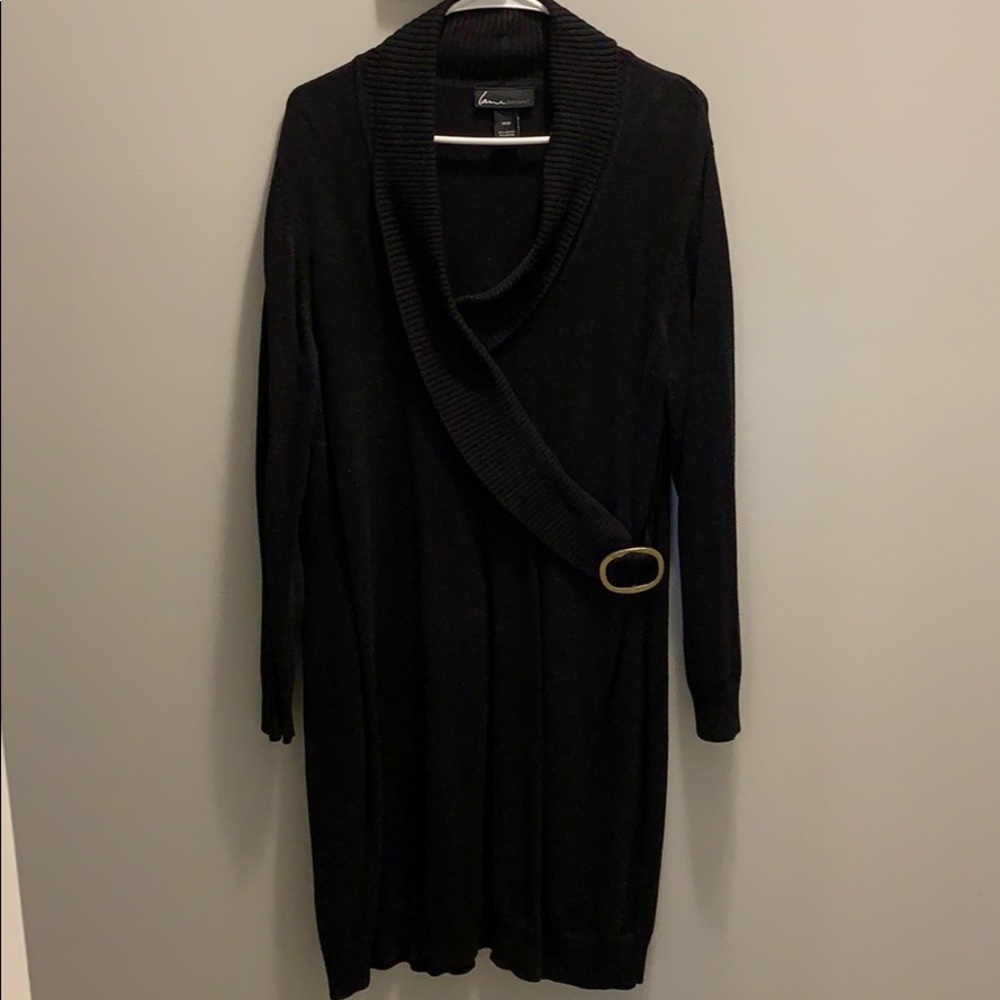 Black sweater dress with gold buckle detail